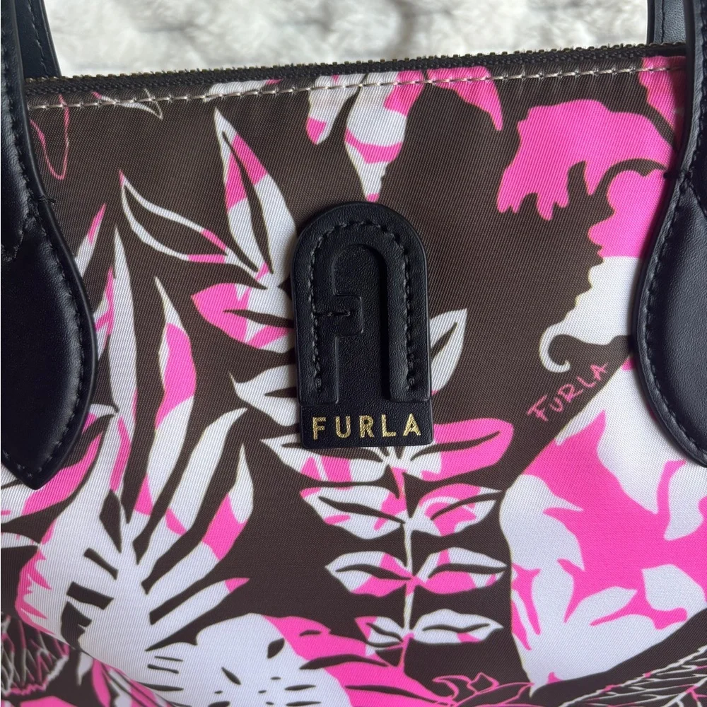 Furla Large Tote Printed Canvas Black Leather Handles Pink Multicolor